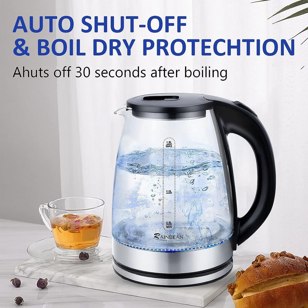 Electric Kettle 1.8L Black Glass LED Light - Auto Shut-Off & Boil Dry Protection