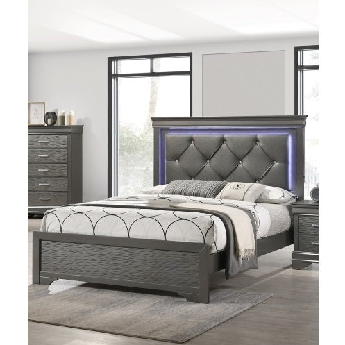 Cama Queen con Cabecera LED Integrada en Cuero Sintético, Diseño Moderno y Iluminación FlexFire | Muebles de Dormitorio con Tiras LED